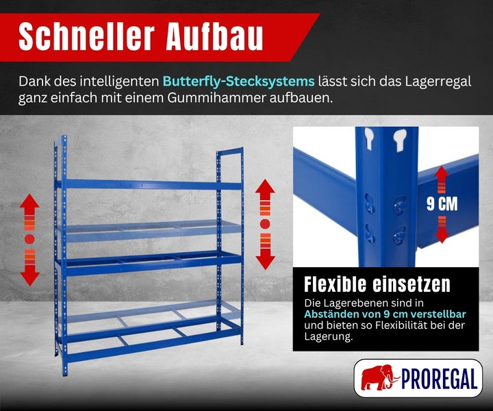Lagerregal mit verstellbaren Ebenen im 9 Zentimeter Raster und Butterfly-Stecksystem. Proregal Logo.
