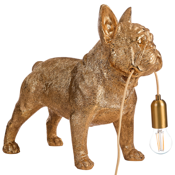 Tischleuchte in Form einer französischen Bulldogge mit Maßangaben: Höhe 43 Zentimeter, Länge 47 Zentimeter, Breite 24 Zentimeter.