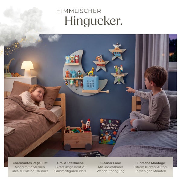 Wandregal Set im Mond und Sterne Design als Kinderzimmer Wanddekoration für Sammelfiguren mit einfacher Wandmontage