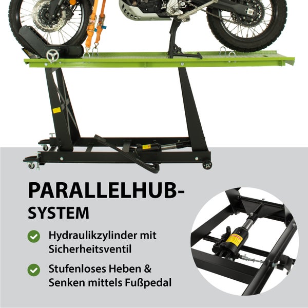 Motorrad auf Motorradhebebühne mit hydraulischem Zylinder und Fußpedal