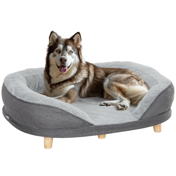 PawHut Hundesofa Hundecouch, Waschbarer Bezug, Haustiersofa mit Rückenlehne und Holzbeine, Katzensofa, Hundbett für mittelgroße Hunde unter 25 kg, 90cm x 78cm x 25cm, Grau