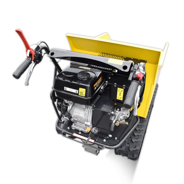 Motorisierte Schubkarre mit Raupenantrieb und Mulde.