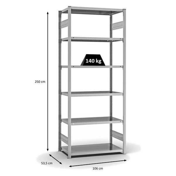 PROREGAL Fachbodenregal Stecksystem T-Profil Light-Duty Grundregal HxBxT 250 x 100 x 50 cm 6 Ebenen Fachlast 140 kg Beidseitig Nutzbar Verzinkt