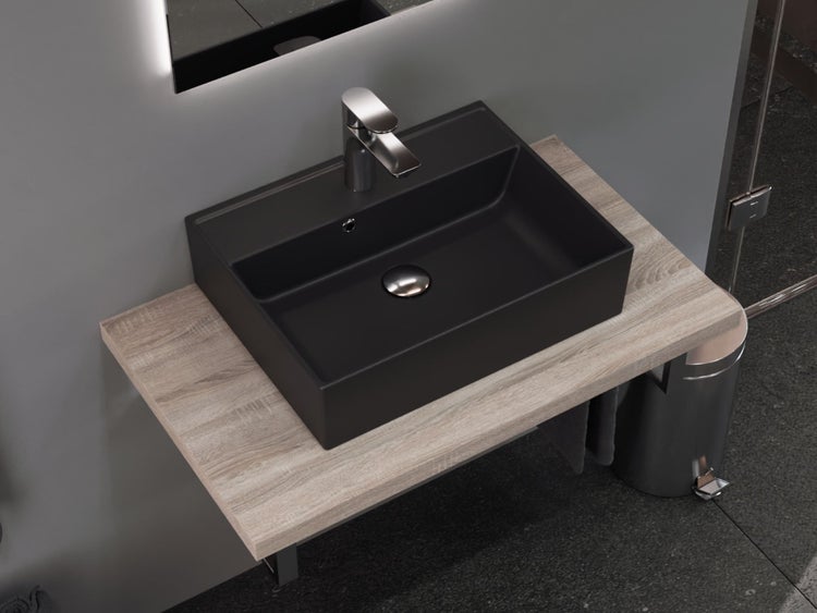 Aqua Bagno Basic Plan Waschbecken 10.16.30.02.04 – 50 x 38 cm – Schwarz Matt – Keramikbecken mit Hahnloch & Überlauf