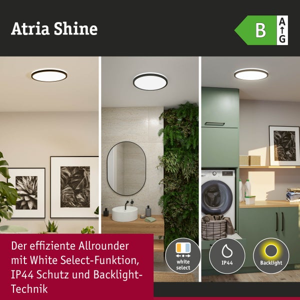 Rundes LED-Panel Atria Shine in Wohnzimmer, Bad und Waschküche. Energieklasse B, einstellbare Lichtfarbe, Spritzwasserschutz, Backlight-Technik.