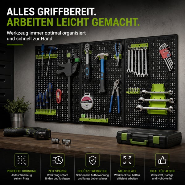 Eine organisierte Werkzeugwand mit diversen Handwerkzeugen über einer Werkbank, inklusive Infografik zur effizienten Werkzeugaufbewahrung.