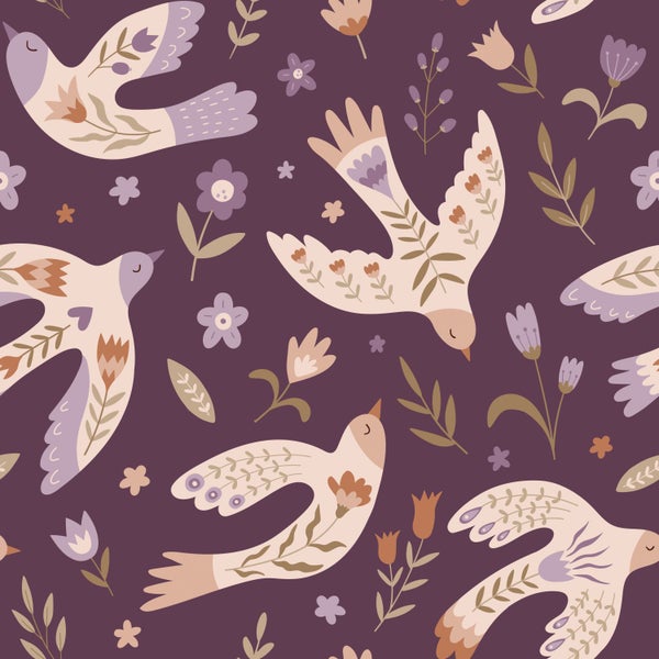 Nahtloses Muster mit stilisierten Vögeln und Blumen