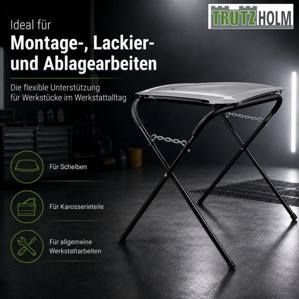 Trutzholm Montageständer für Karosserieteile und Scheiben, geeignet für Montage, Lackierung und Ablage in der Werkstatt. Trutzholm Logo.