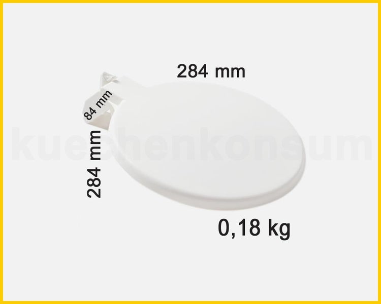 Weißer Kunststoffdeckel, Maße 284 Millimeter mal 284 Millimeter, Laschenbreite 84 Millimeter, Gewicht 0,18 Kilogramm.