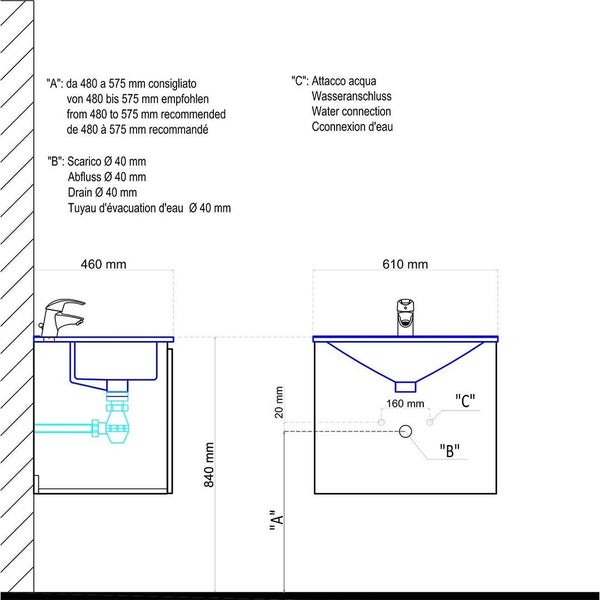 Maßzeichnung eines Waschbeckens mit Unterschrank inklusive Installationshinweisen für Wasseranschluss und Abfluss.