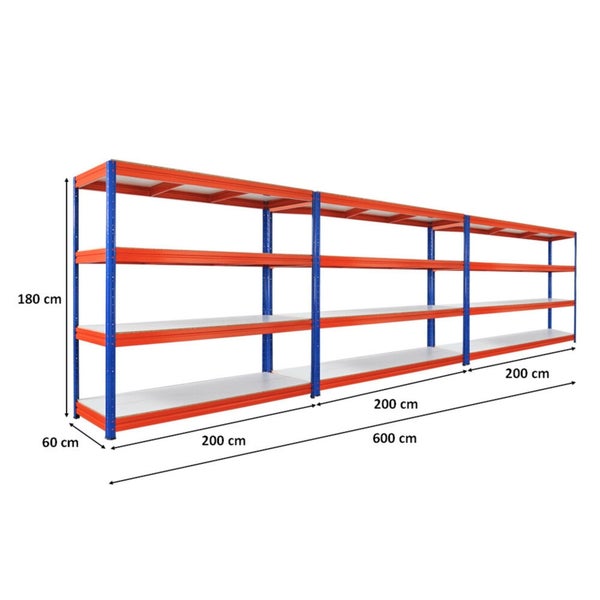 Langes Lagerregal mit drei Ebenen und verschiedenen Maßangaben