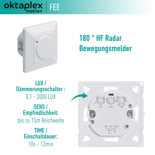 Oktaplex Bewegungsmelder für Hohlwanddosen Unterputz 180° mit Dämmerungssensor weiß