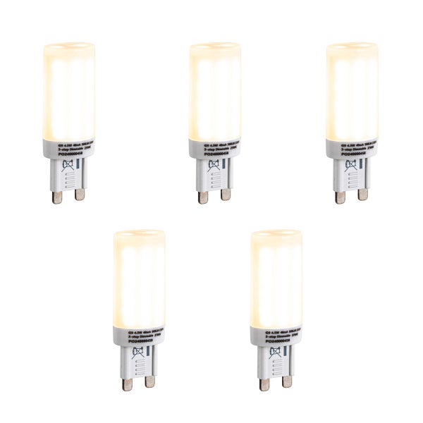 Fünf G9 LED Leuchtmittel, 4,5 Watt, 500 Lumen, 2700 Kelvin warmweiß, 3-Stufen-dimmbar, Stiftsockellampen.
