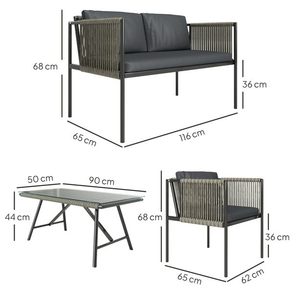 Outsunny Gartenmöbel Set aus Polyrattan Lounge-Set mit 2er Sofa Sessel Glastisch Kissen wetterfest Balkonmöbel für 4 Personen Outdoor Sitzgruppe Terrassenmöbel für Garten Balkon Grau