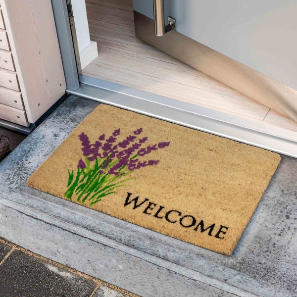 Fußmatte aus Kokosfaser mit Lavendelmotiv und Willkommensgruß