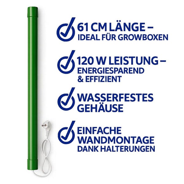 Grüne Pflanzenlampe mit einer Länge von 61 cm, 120 Watt Leistung, wasserfestem Gehäuse und einfacher Wandmontage