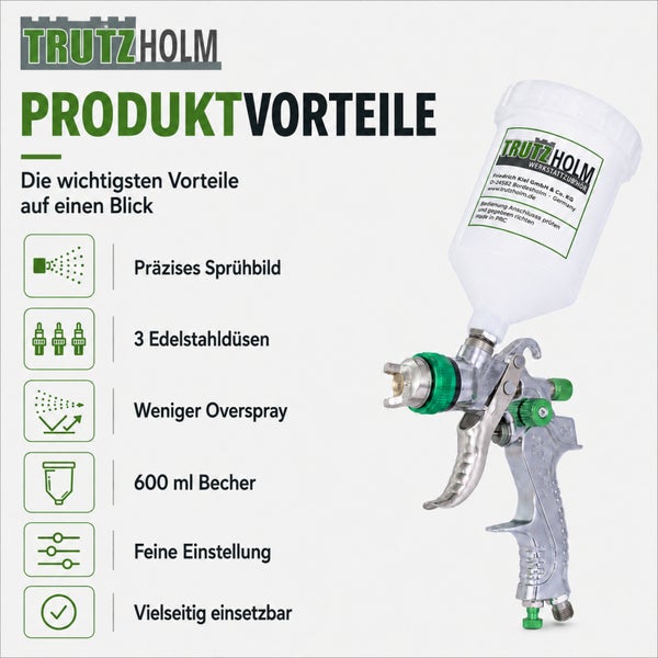 Trutzholm Farbsprühpistole mit 600 Milliliter Fließbecher und drei Edelstahldüsen für präzisen Farbauftrag und weniger Overspray.