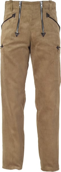 Robust Zunfthose aus Cord mit zwei Reißverschlüssen auf der Vorderseite und Taschen mit Lederverstärkungen.