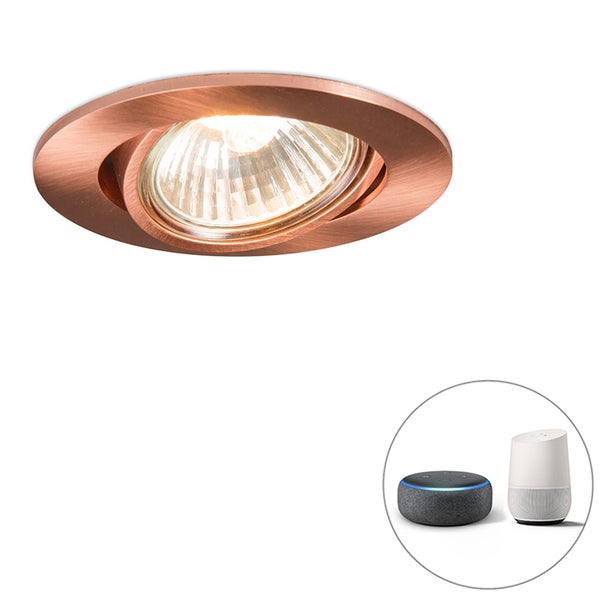 Schwenkbarer LED Einbaustrahler in Kupferoptik, kompatibel mit Smart Home Sprachsteuerung über Amazon Alexa und Google Assistant.
