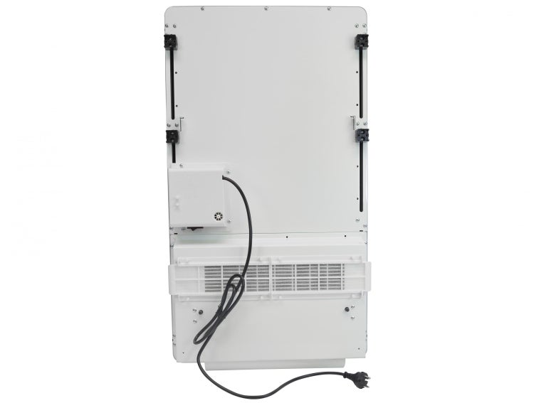 Rückansicht einer weißen Heizkörperplatte mit Netzkabel