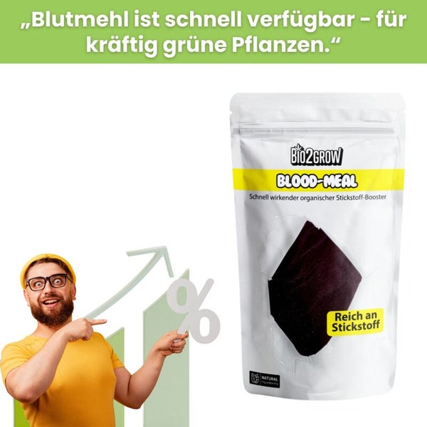 Blutmehl zur Nährstoffversorgung von Pflanzen in einer Verpackung