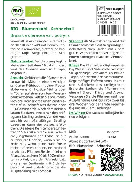 SAFLAX Garden to go - BIO - Blumenkohl - Schneeball - Brassica oleracea var. botrytis - 70 Samen - Mit Topf, Klima - Deckel und Anzuchtsubstrat