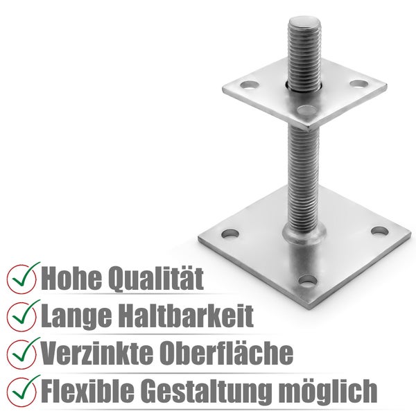 Verstellbarer Pfostenträger aus Stahl mit quadratischen Grundplatten und Gewindestange für die Montage von Holzpfosten.