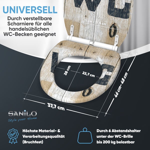 Sanilo WC Sitz mit Holzoptik und verstellbaren Scharnieren, inklusive Bemaßung und Produktmerkmalen zur Belastbarkeit und Stabilität.