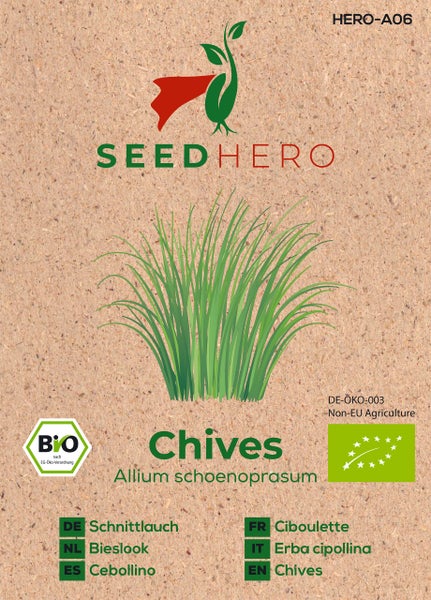 Samentüte für biologischen Schnittlauch von SEEDHERO, Allium schoenoprasum, zertifiziert aus ökologischem Landbau, SEEDHERO Logo.
