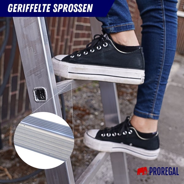 Person steigt auf eine Leiter mit geriffelten Sprossen. Proregal Logo.