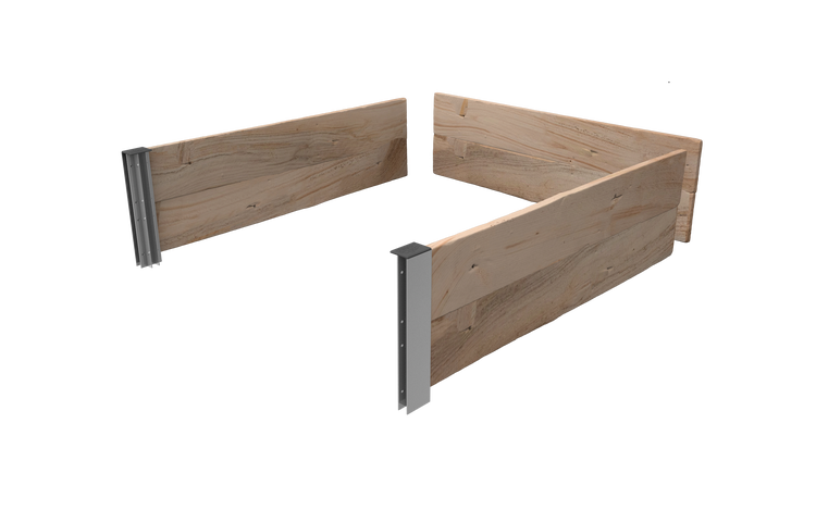 Hochbeetrahmen aus Holzbrettern mit Eckverbindern aus Metall.