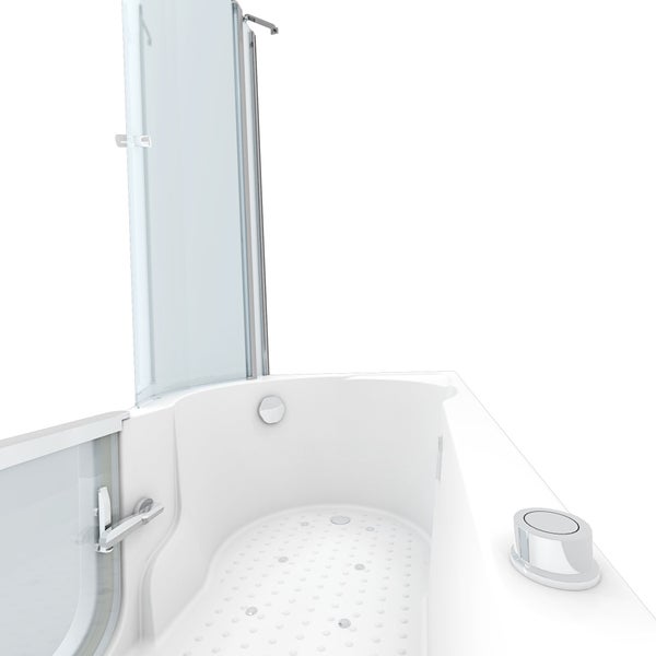 Technische Zeichnung einer Sitzbadewanne mit Duschtrennwand und Maßen: Länge 170 Zentimeter, Breite 76 Zentimeter, Gesamthöhe 200 Zentimeter.