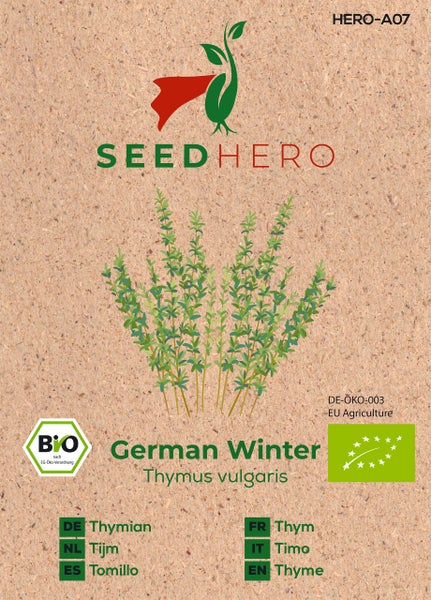 Samentüte für Bio-Thymian German Winter (Thymus vulgaris) von SEEDHERO, mit SEEDHERO Logo, Bio-Siegel und EU-Bio-Logo.