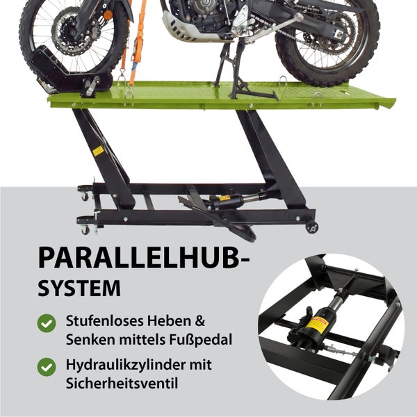 Motorrad auf einer Hebebühne mit Parallelhubsystem