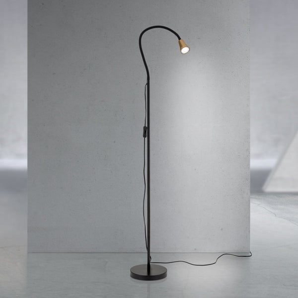Schwarze Stehlampe mit flexiblem Arm und Lichtkegel