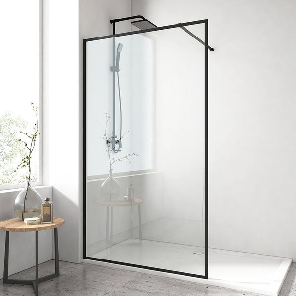 EMKE Walk-In Dusche, Duschtrennwand aus 8 mm Nano-Beschichtung ESG Sicherheitsglas, 100cm x 200cm, Klarglas, Schwarz