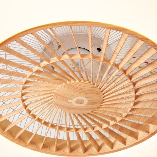 Deckenventilator mit integrierter Leuchte in Holzoptik mit runder Schutzgitterabdeckung für den Innenbereich