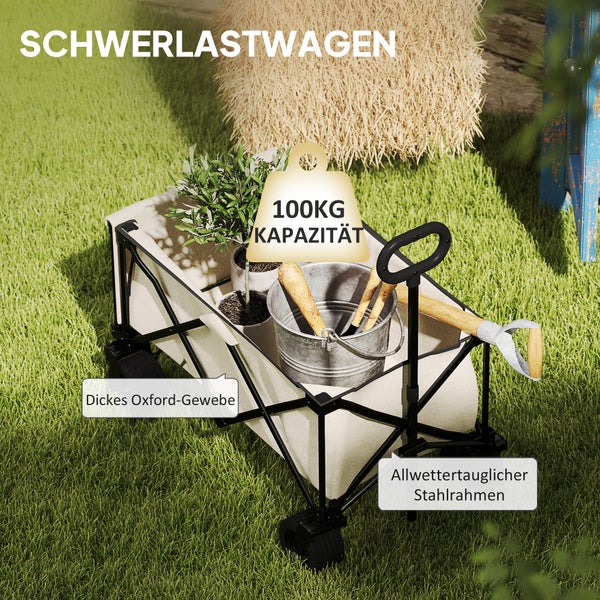 Outsunny Gartenwagen 100 kg belastbar, klappbar Transportwagen mit herausnehmbare Plane, Griff, Rädern, Bollerwagen Handwagen Gartenkarre 138 Liter, Gerätewagen für Haus, Garten Beige