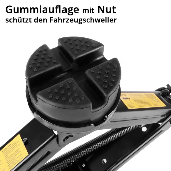 Gummiauflage mit Nut auf einem Wagenheber zum Schutz des Fahrzeugschwellers