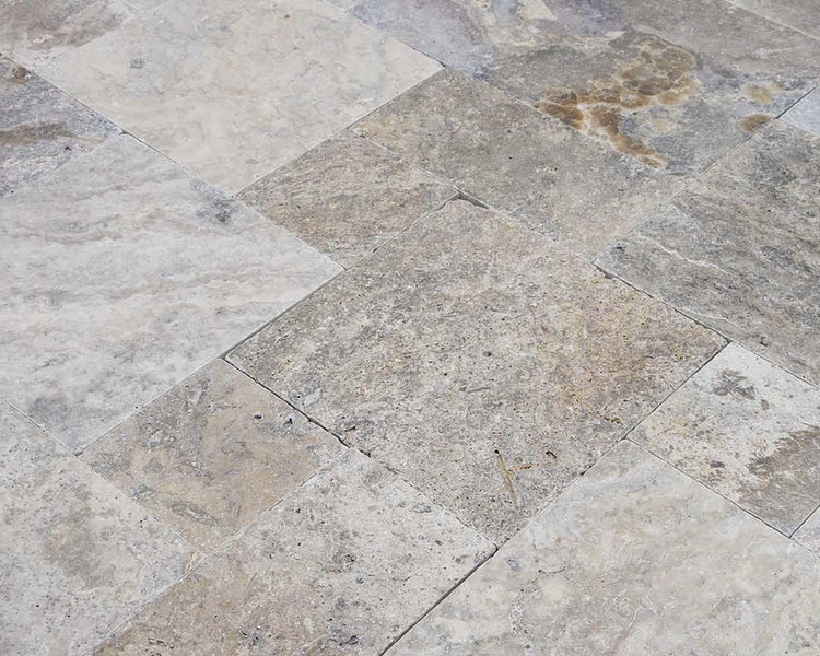 Wohnrausch Travertin Terrassenplatten RUSTIC SILVER Römischer Verband 3 cm, getrommelt, grau, beige, bernstein-braun