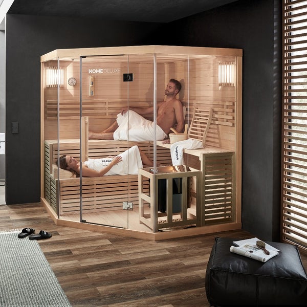 Home Deluxe - Traditionelle Sauna - Skyline XL Big - 200 x 200 x 210 cm - für 2-6 Personen, Hemlocktanne, inkl. Saunaofen, Saunazubehör I Dampfsauna Aufgusssauna Finnische Sauna Bio Sauna