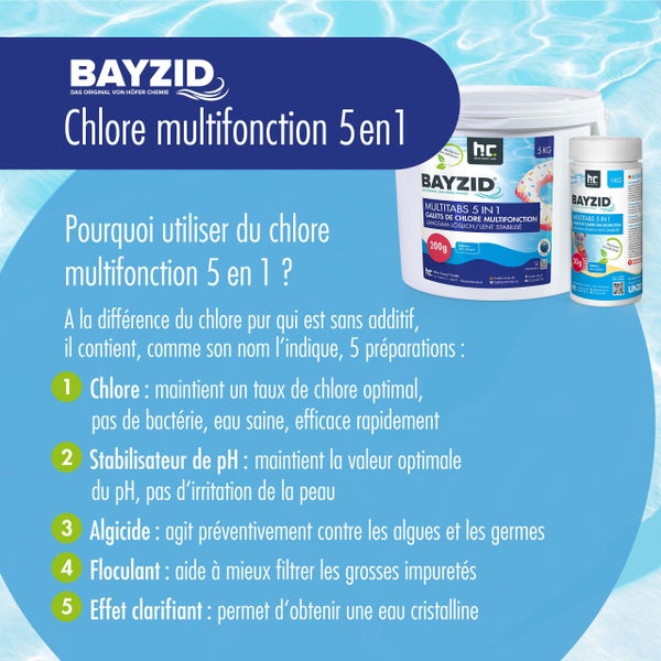 Bayzid Multifunktionschlor 5 in 1, erhältlich in 5 Kilogramm und 1 Kilogramm Packungen