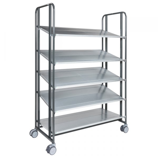 Rollregal mit vier Metallböden für den Transport von Gegenständen