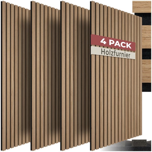 Set aus 4 Akustikpaneelen mit Holzfurnier-Lamellen auf Filzuntergrund zur Wandverkleidung.