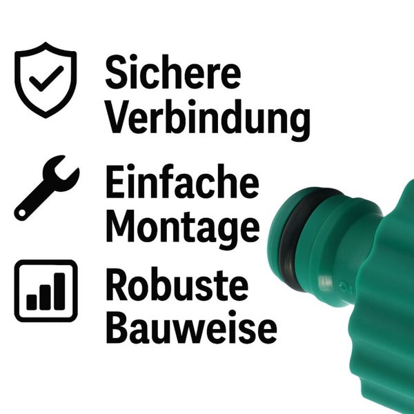 Symbole für sichere Verbindung, einfache Montage und robuste Bauweise neben einem Schlauchanschluss.