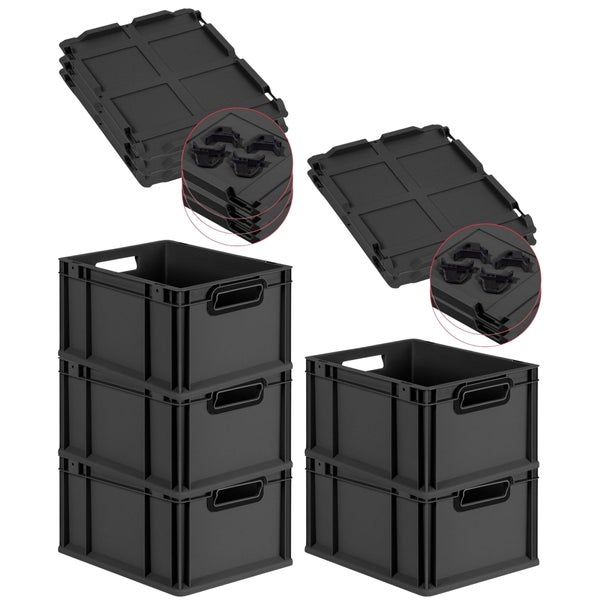 PROREGAL SparSet 5x Eurobox NextGen Color mit Auflagedeckel und Schiebeschnappverschlüsse, HxBxT 22x30x40cm, 20 Liter, Schwarz, Griffe schwarz offen, Eurobehälter, Transportbox, Transportbehälter, Stapelbehälter