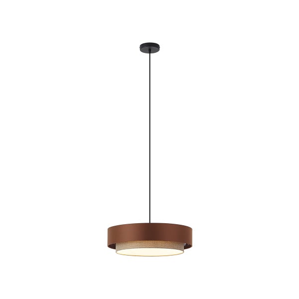 Moderne Pendelleuchte mit rundem, zweistufigem Schirm in Braun und Beige, schwarzes Kabel und Baldachin.