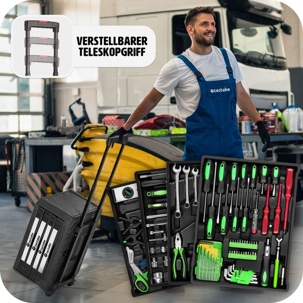 Werkzeugkoffer tectake Gerhard mit Klappgriff und Teleskopgriff 899-teilig schwarz