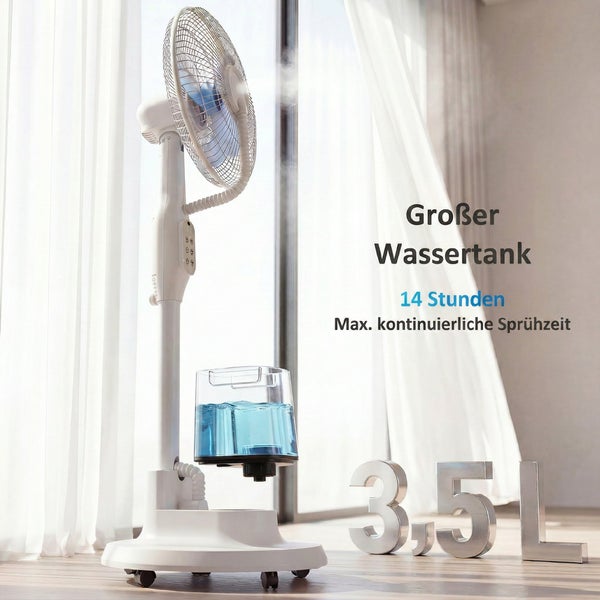 Weißer Standventilator mit Sprühfunktion, 3,5 Liter Wassertank für bis zu 14 Stunden kontinuierliche Sprühzeit, fahrbar.