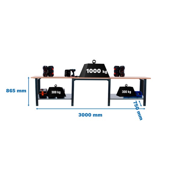 Werkbank BUFFALO WOOD | HxBxT 86,5x300x75cm | Traglast 1000kg | Anthrazit
